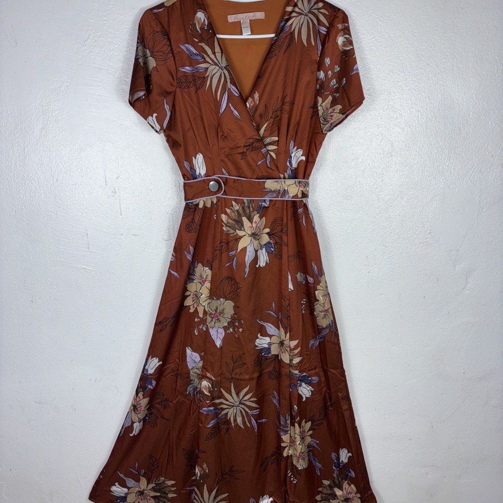 Hutch Anthropologie Women's Floral Belted Brown Maxi Dress‎ Short Sleeves Size 2